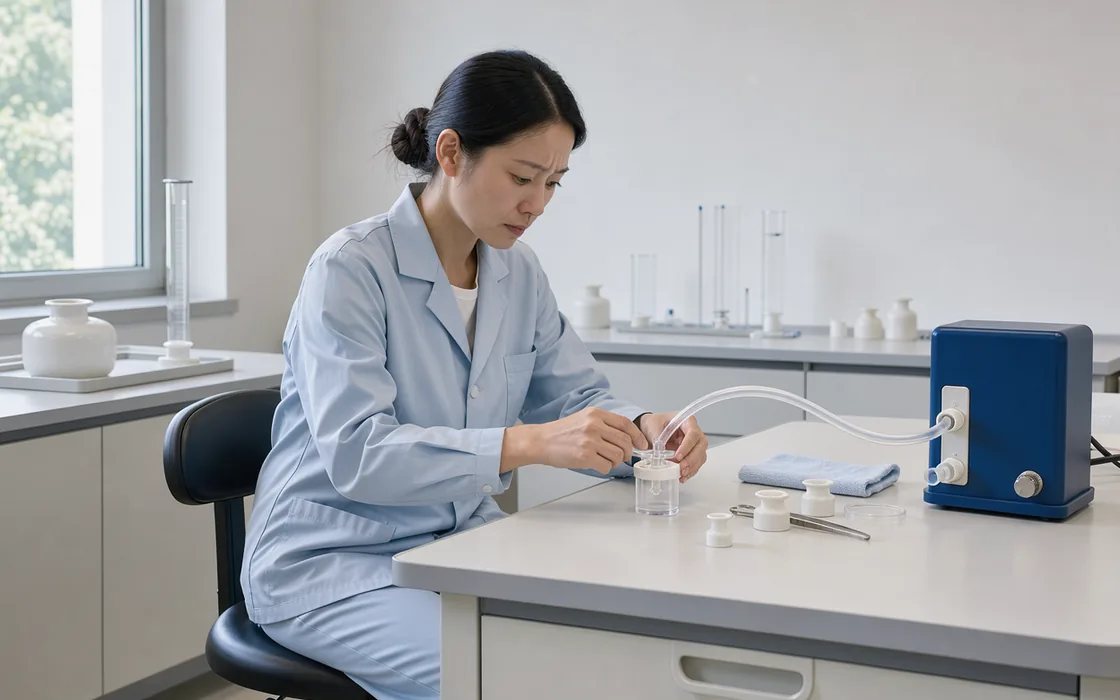 A technician assembling clear airway tubing and a small respiratory chamber at a bright workbench