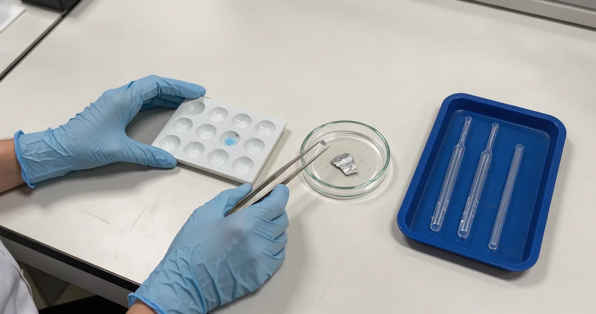 Gloved hands beside a zinc sample and ceramic assay plate on a white laboratory bench