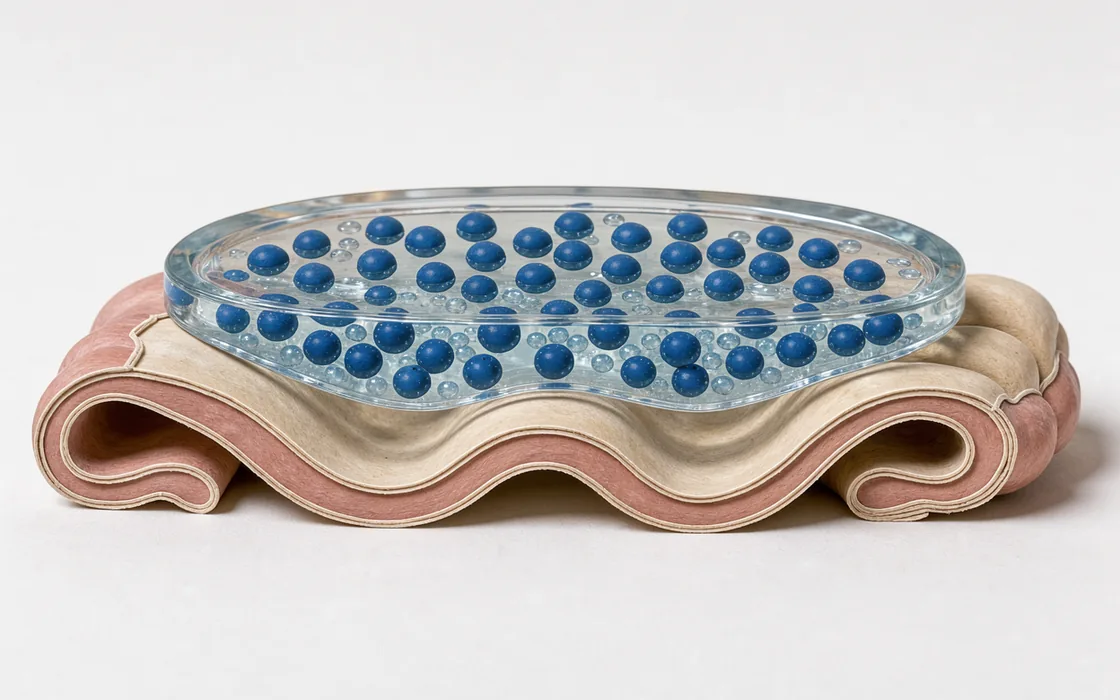 An illustration of blue carrier beads inside translucent gel above folds of intestinal tissue